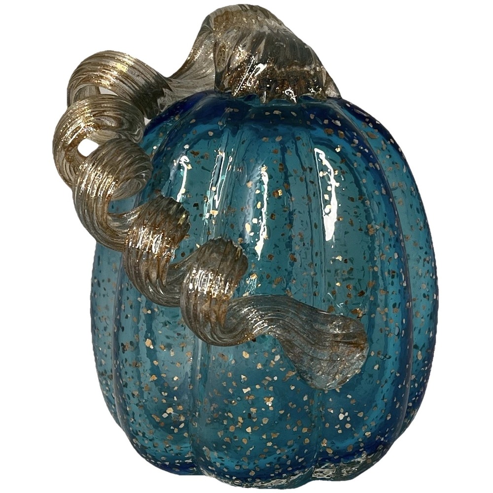 Hand Blown Art Glass Pumpkin Gourd Teal Aqua Blue Curly Stem 5" Decor